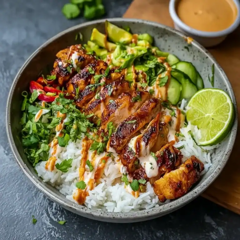 A vibrant, delicious chicken bowl topped with grilled chicken, fresh veggies like cucumber, avocado, herbs, and drizzled with sauce, served with lime wedges.