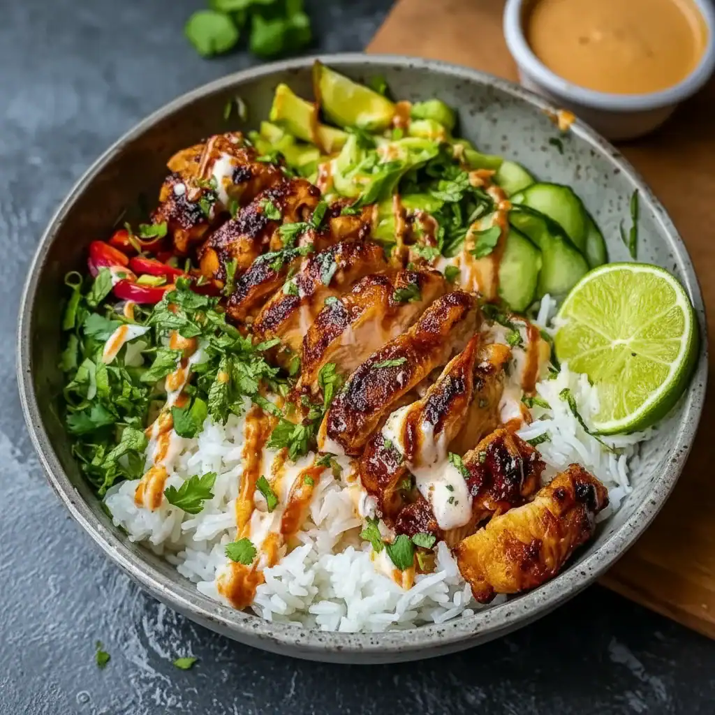 A vibrant, delicious chicken bowl topped with grilled chicken, fresh veggies like cucumber, avocado, herbs, and drizzled with sauce, served with lime wedges.