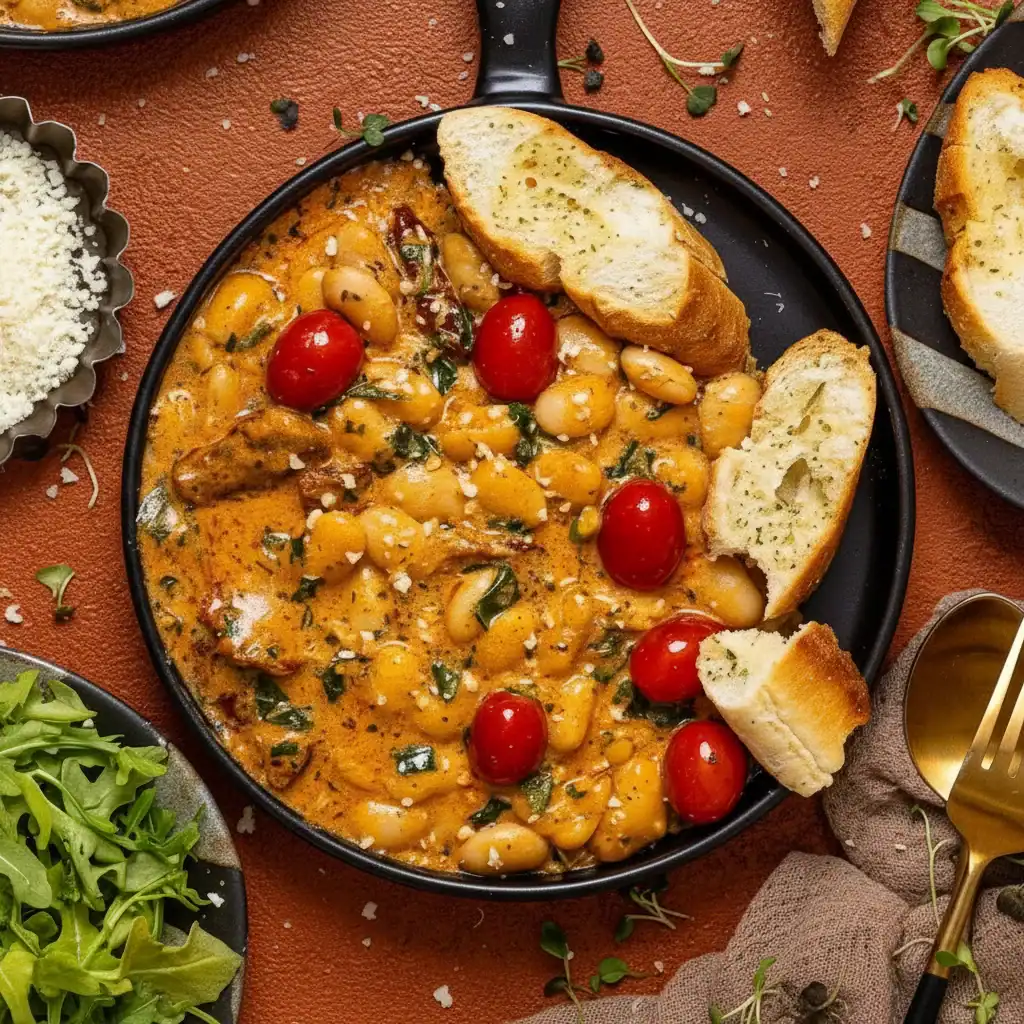 Delicious bean stew with tomatoes, herbs, and toasted bread slices, served in a black skillet. Perfect comfort food option, ideal for a hearty meal.