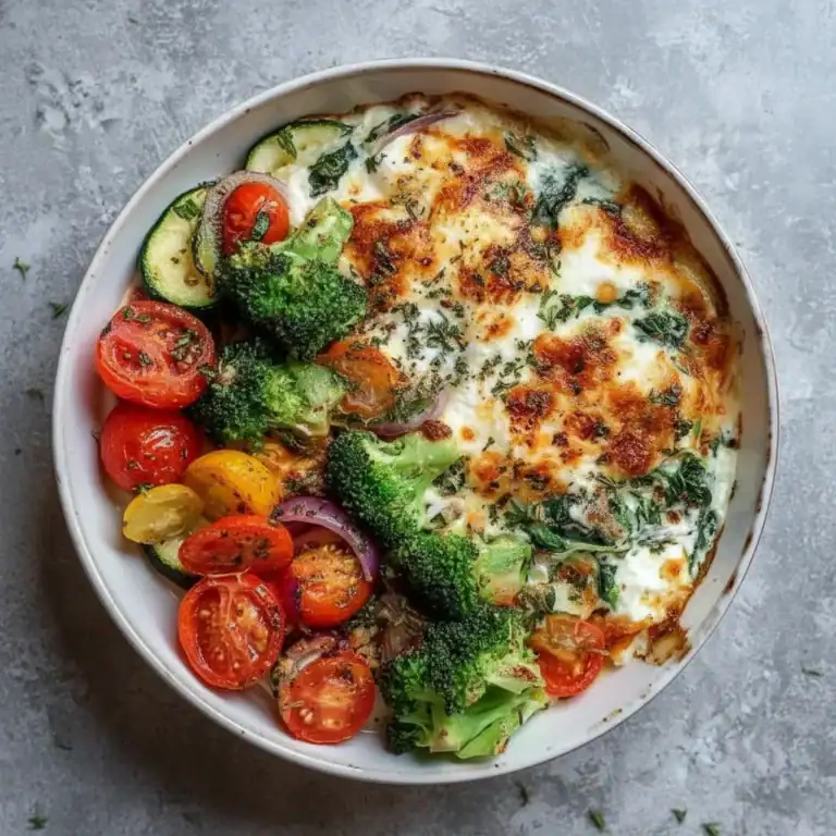 Fresh baked vegetable casserole with cherry tomatoes, broccoli, zucchini, spinach, and melted cheese topped with herbs. Perfect healthy meal option.