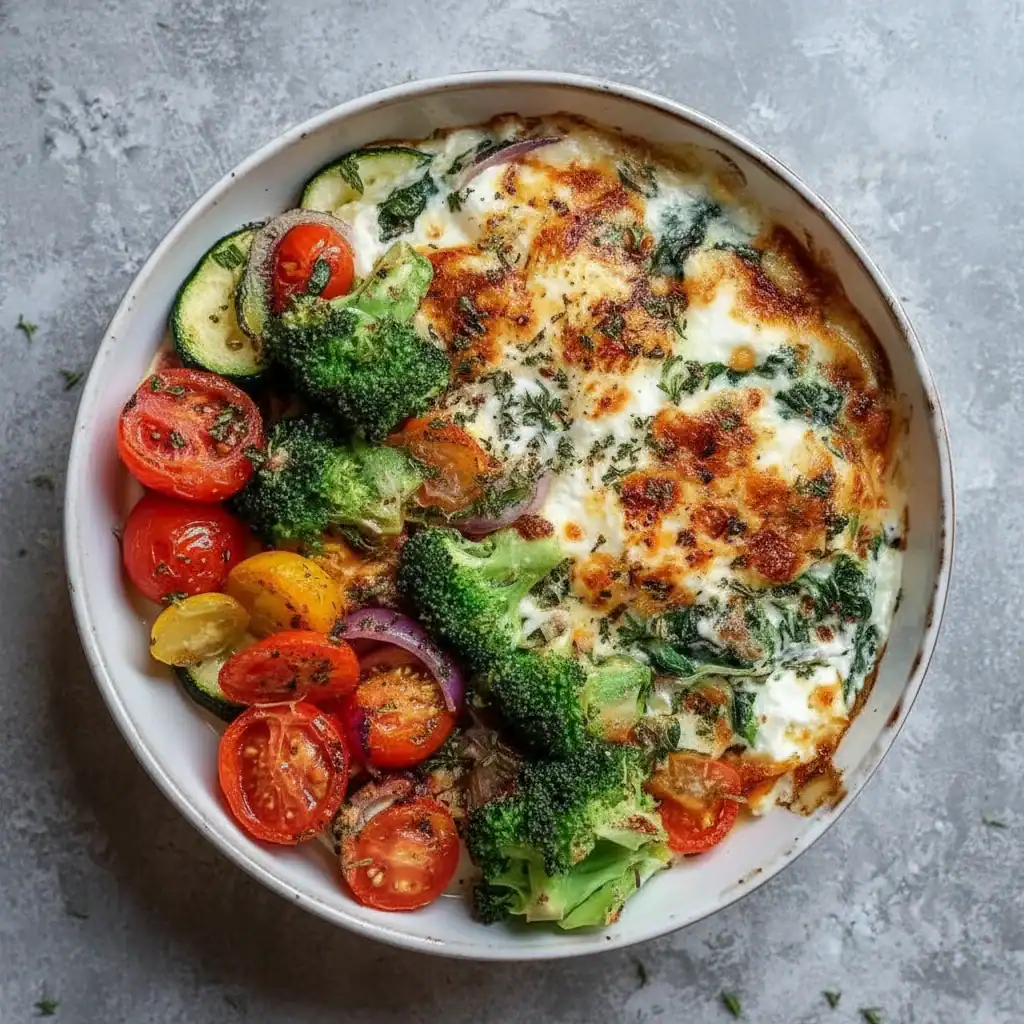 Fresh baked vegetable casserole with cherry tomatoes, broccoli, zucchini, spinach, and melted cheese topped with herbs. Perfect healthy meal option.