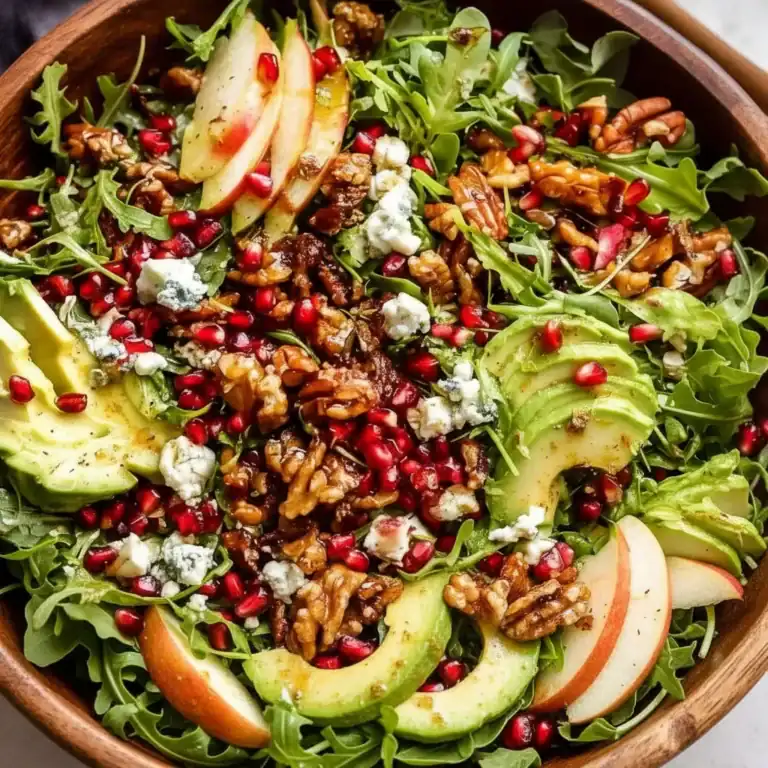 Delicious healthy salad with avocado, walnuts, arugula, apple slices, pomegranate seeds, and blue cheese, topped with balsamic dressing for a flavorful, nutritious meal.