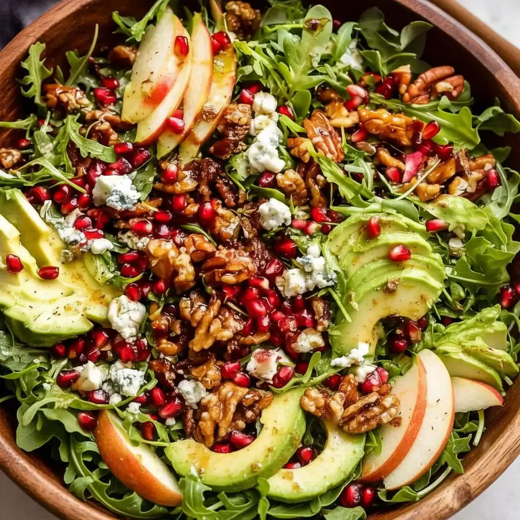 Delicious healthy salad with avocado, walnuts, arugula, apple slices, pomegranate seeds, and blue cheese, topped with balsamic dressing for a flavorful, nutritious meal.