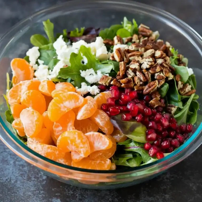 Bright and colorful salad featuring mandarin orange segments, fresh pomegranate seeds, crunchy pecans, crumbled feta cheese, and mixed leafy greens, perfect for a healthy meal or holiday gathering.