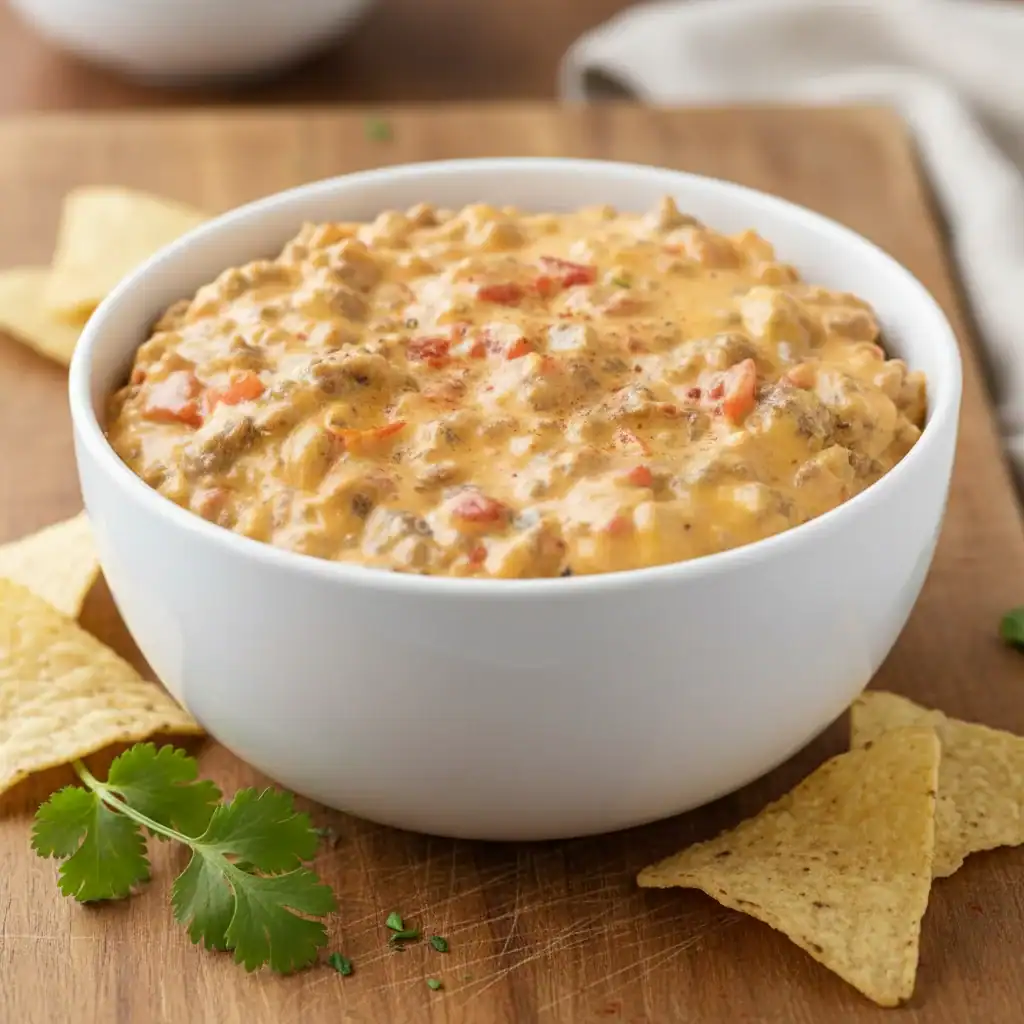 Creamy cheesy beef dip served in a white bowl with crispy tortilla chips and fresh cilantro garnish. Perfect for parties or snacks.
