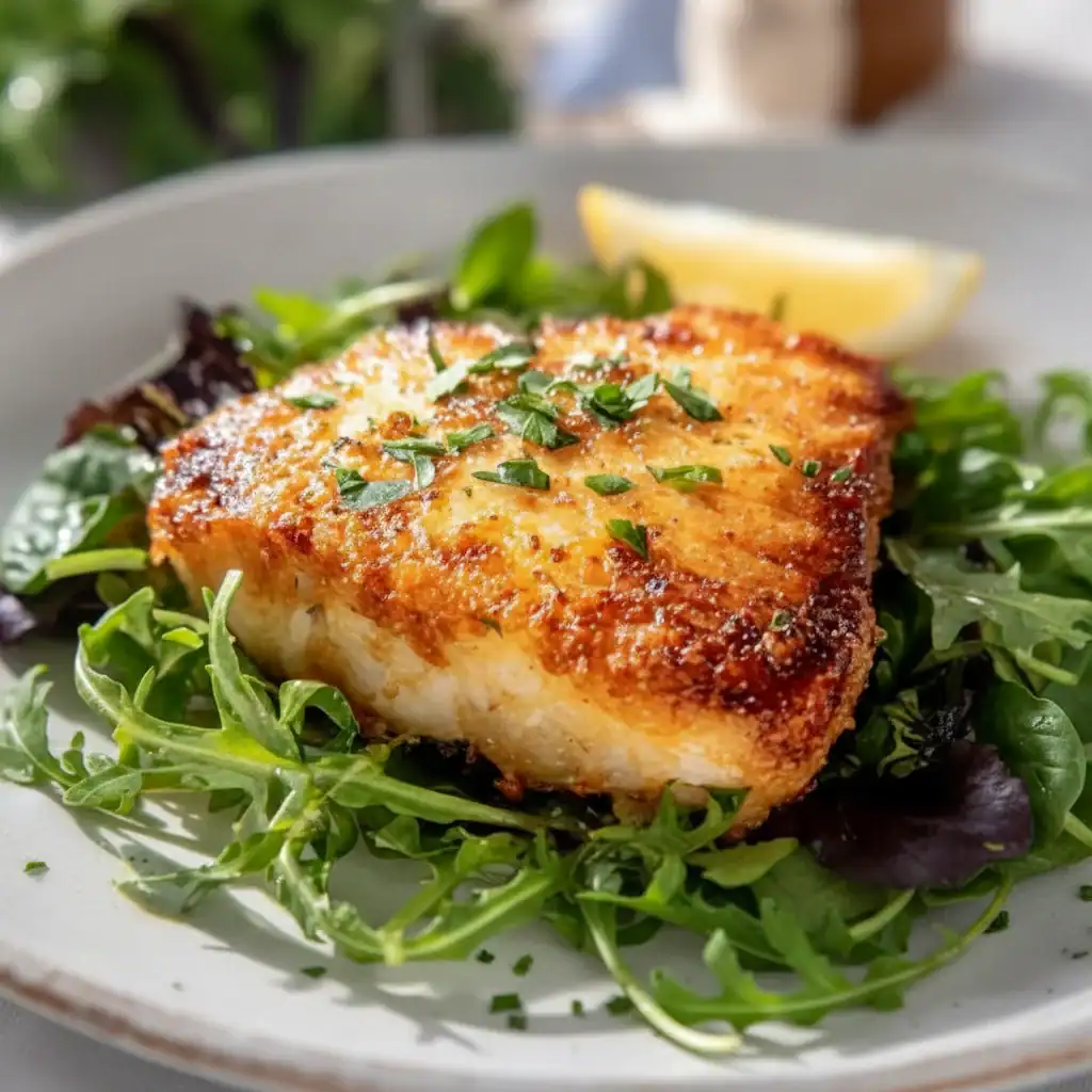 Delicious golden-brown seared fish fillet garnished with fresh herbs, served on a bed of mixed greens with lemon wedge. Perfect for healthy and savory seafood meals.