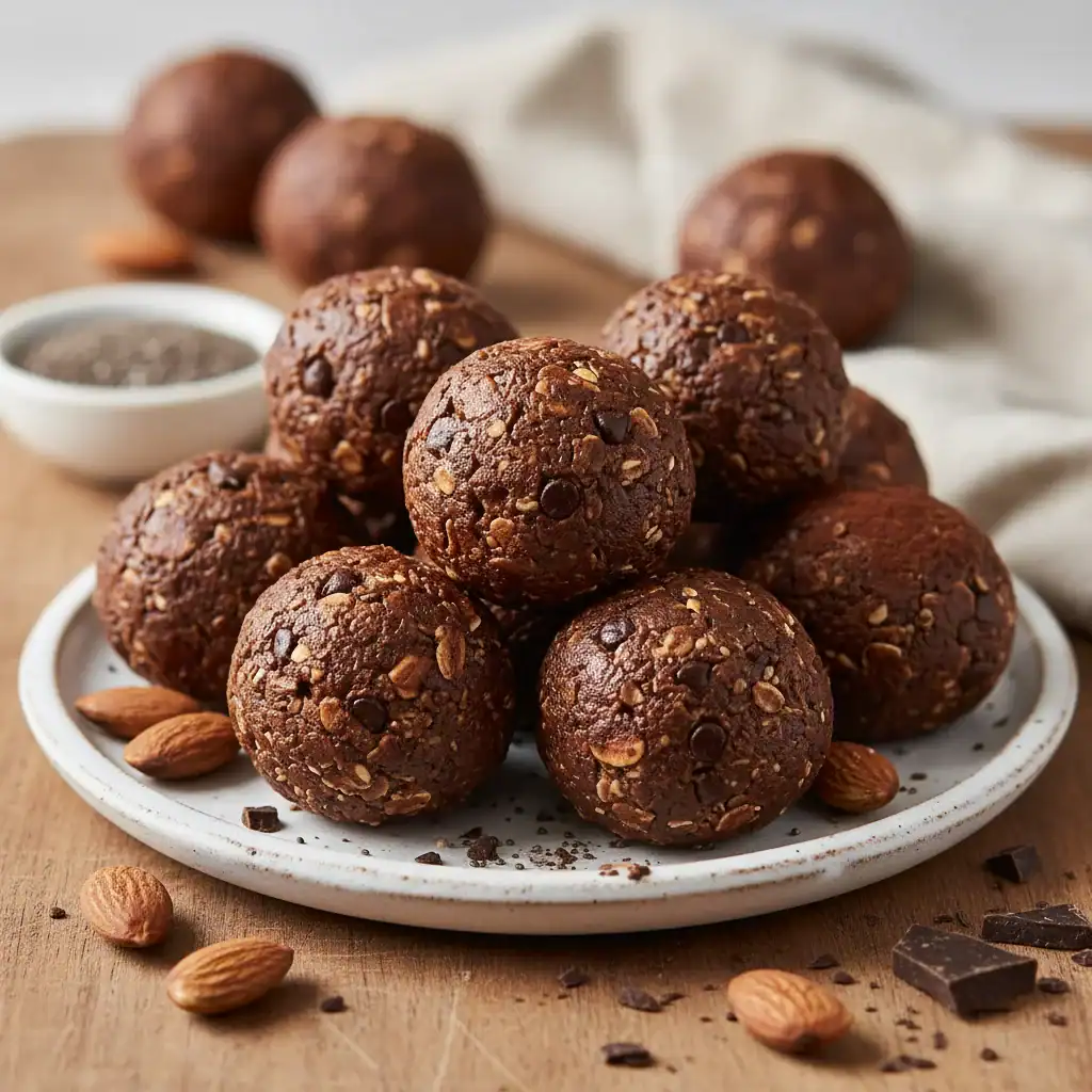 Delicious homemade chocolate almond energy bites, perfect for a nutritious snack. Made with oats, almonds, and rich cocoa, these treats are ideal for a quick energy boost.