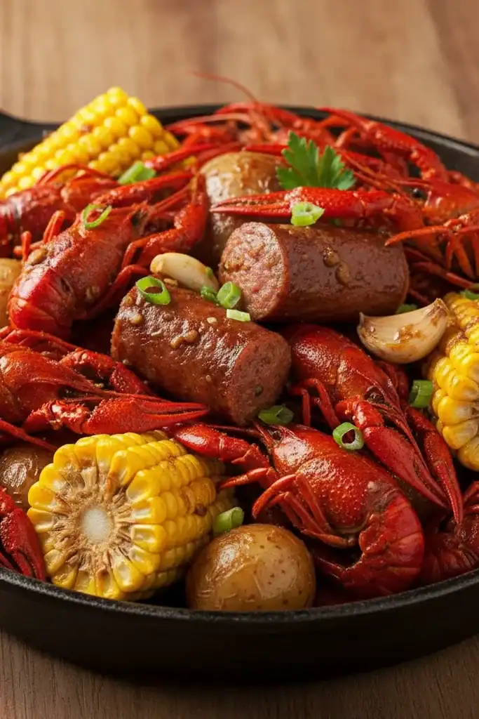 Delicious crawfish, sausage, corn, and potatoes seasoned with herbs, perfect for seafood lovers and outdoor gatherings.
