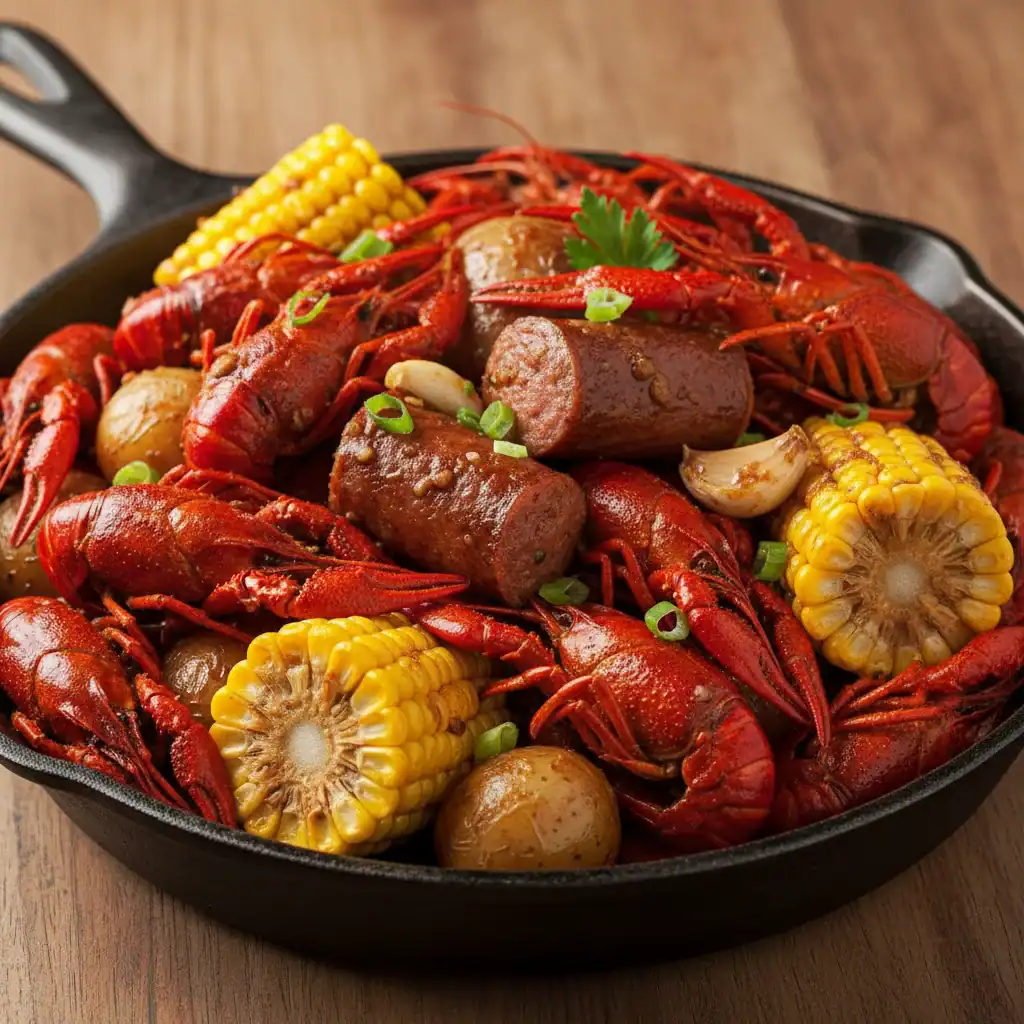 Delicious seafood lobster boil with corn, sausage, potatoes, and seasonings, served in a cast iron skillet for a savory, flavorful meal. Perfect for seafood lovers and gatherings.