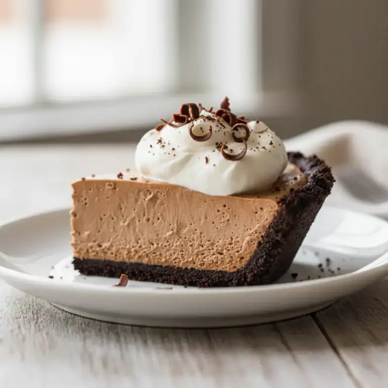 Delicious chocolate cheesecake topped with whipped cream and chocolate shavings, served on a white plate for dessert.