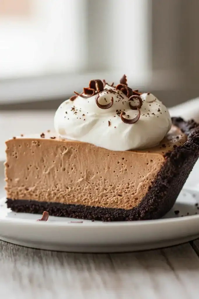 Delicious chocolate cheesecake topped with whipped cream and chocolate shavings, served on a white plate, perfect for dessert lovers and special occasions.