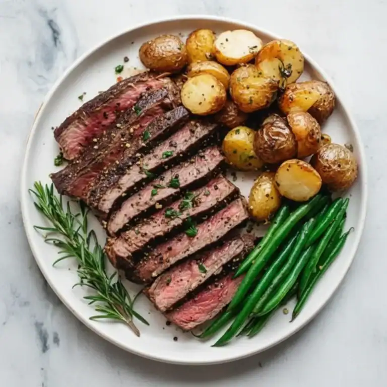 Juicy, perfectly cooked steak served with crispy roasted potatoes and fresh green beans in a visually appealing plate. A delicious meal for food lovers and home cooks.