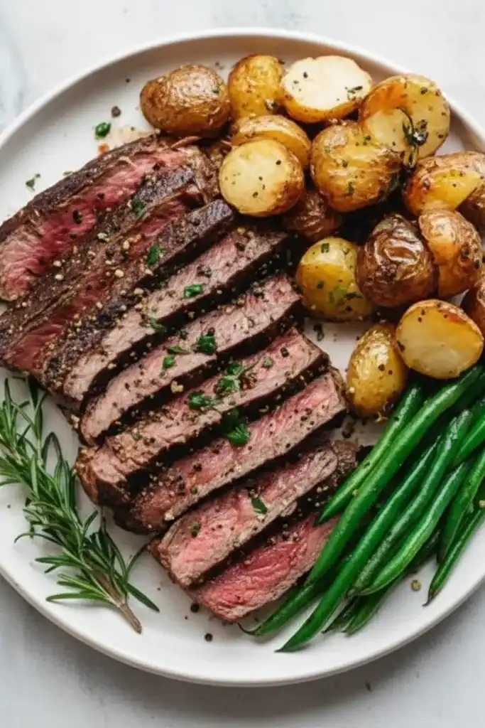 Juicy grilled steak sliced with crispy roasted baby potatoes and fresh green beans on a white plate, garnished with herbs for a delicious, wholesome meal.