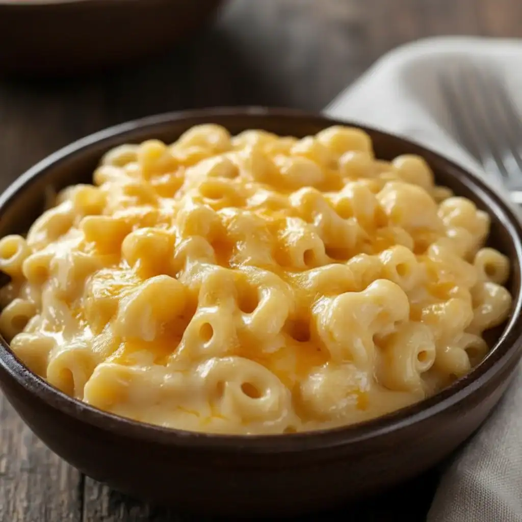 Creamy cheesy macaroni served in a bowl, perfect for comfort food lovers, rich and flavorful.