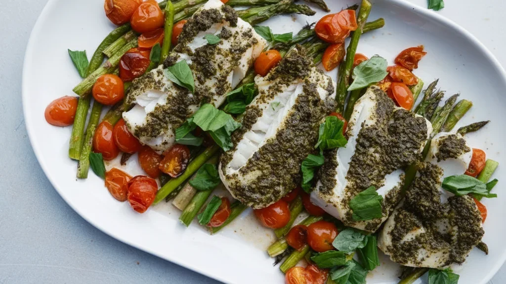 Pesto Cod with Roasted Tomatoes