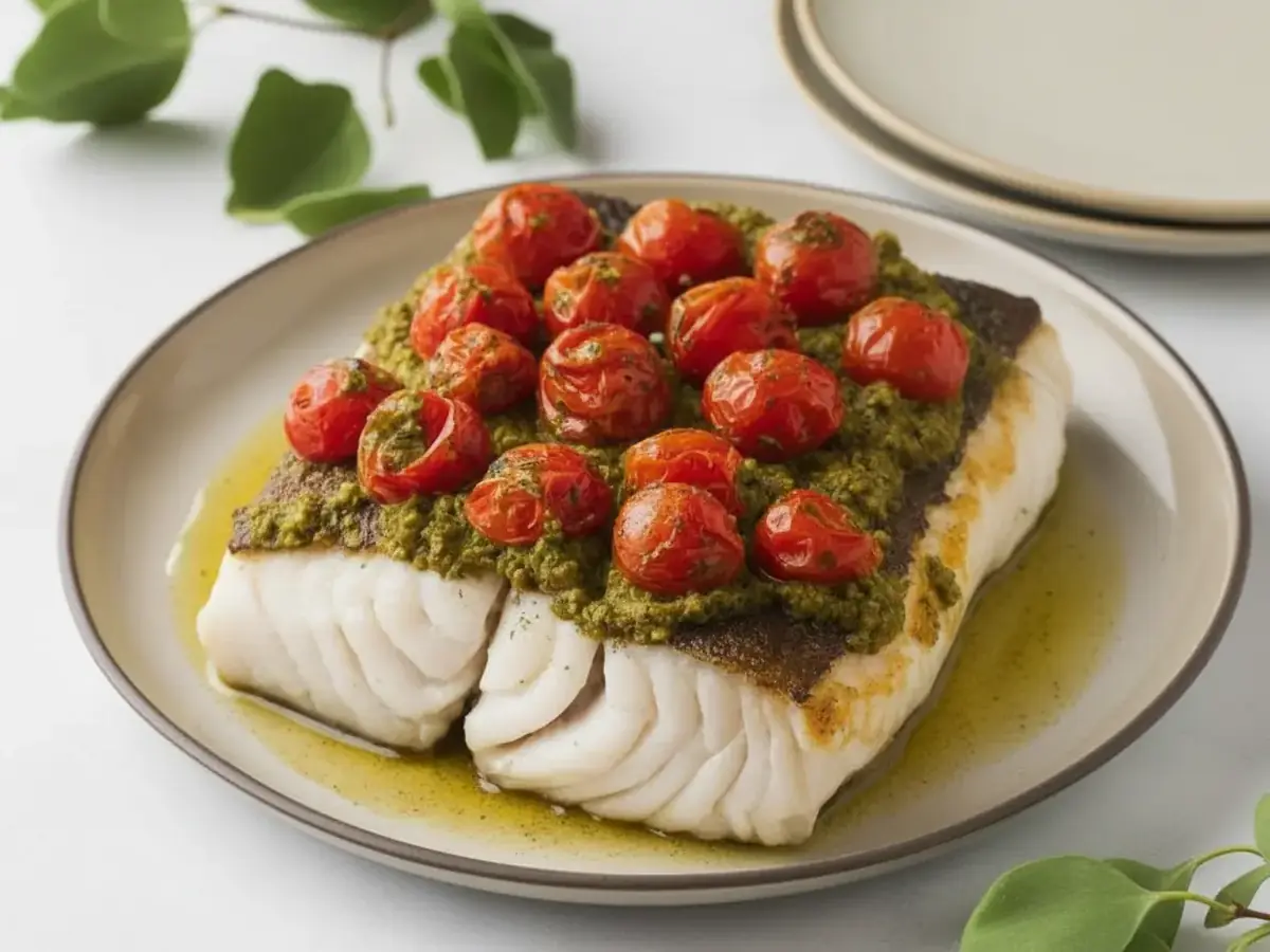 Baked Cod with Cherry Tomatoes and Pesto