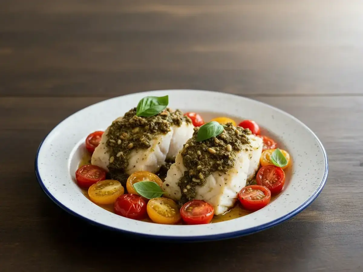Baked Cod with Pesto and Cherry Tomatoes
