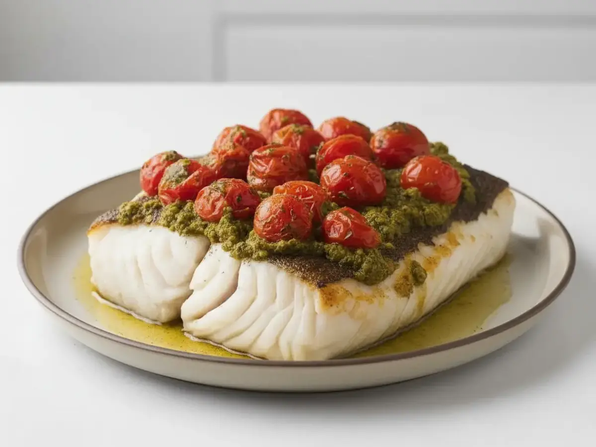 Baked Cod with Tomatoes & Pesto