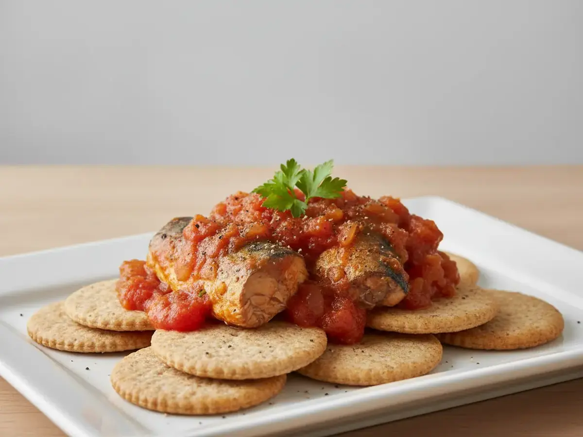 Canned Mackerel in Tomato Sauce on Crackers