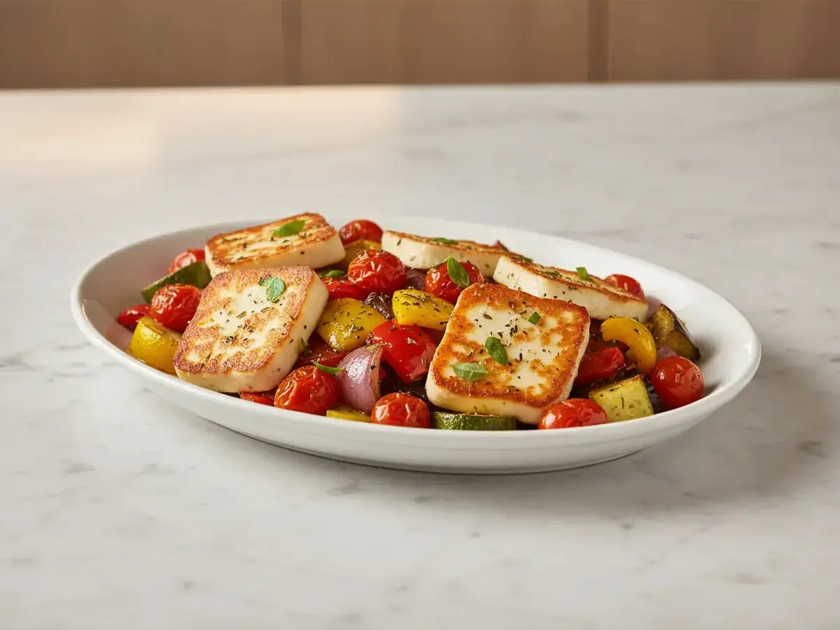 Halloumi and Roasted Vegetable Traybake