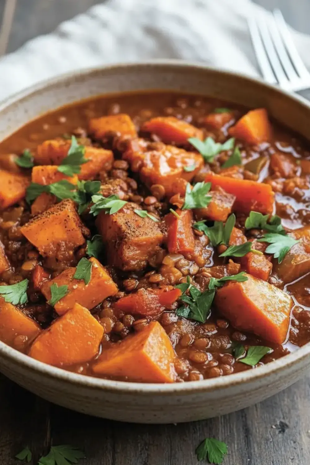 Hearty Lentil & Sweet Potato Stew Bowl