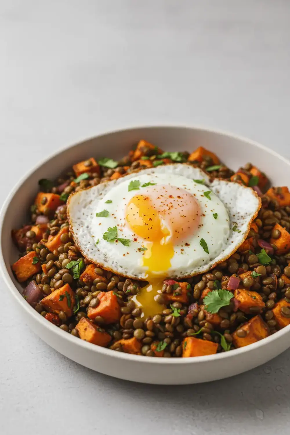 Lentil and Sweet Potato Hash with a Fried Egg