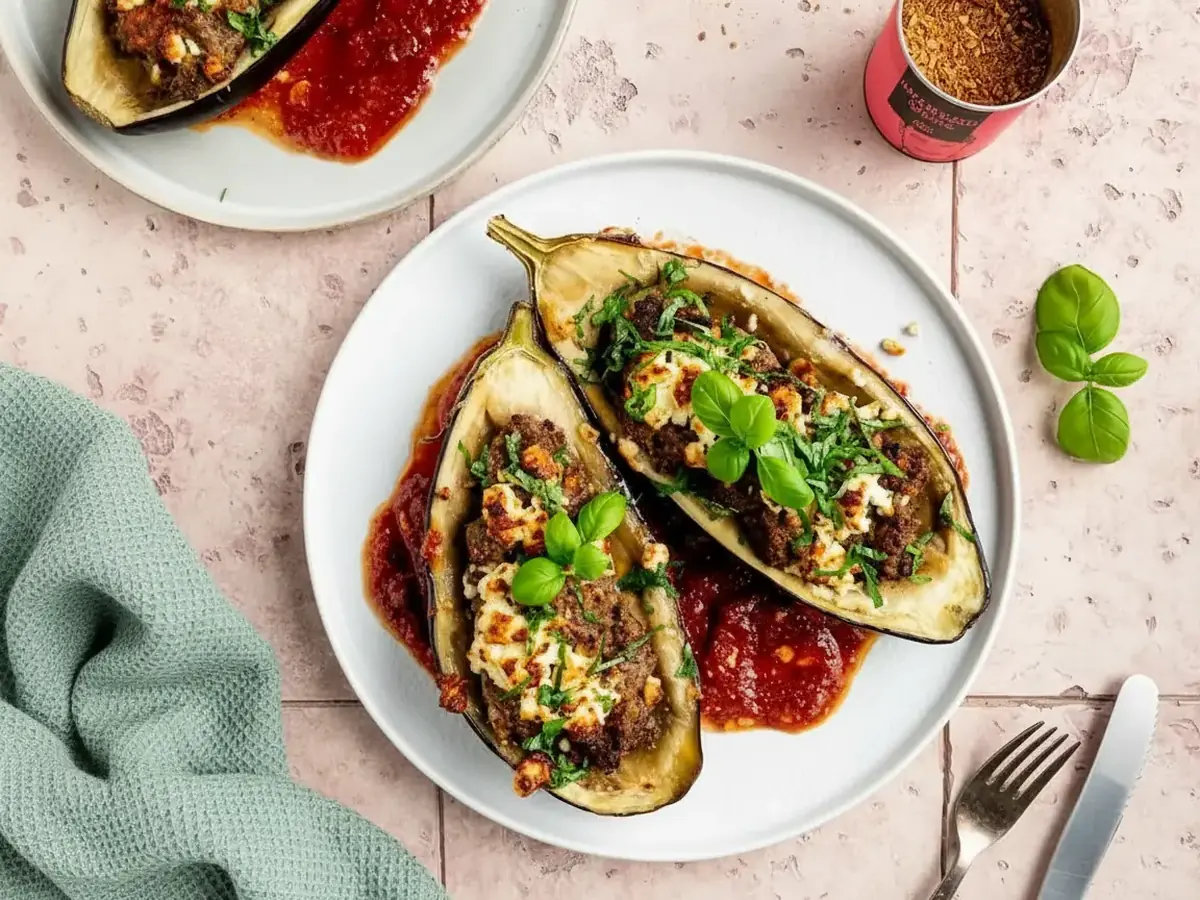 Mince-Stuffed Aubergine Halves