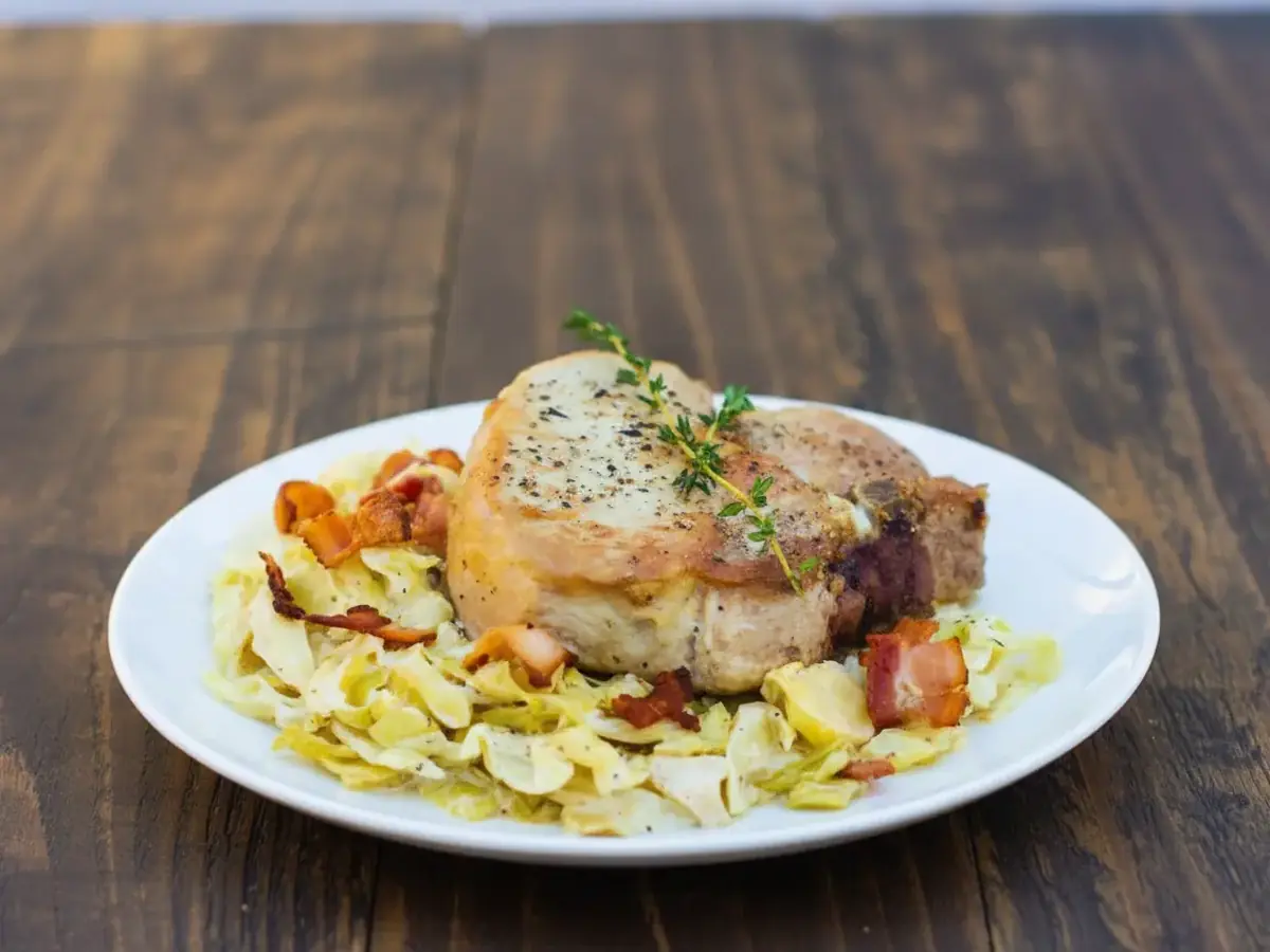 Pork Chops with Creamed Cabbage and Bacon