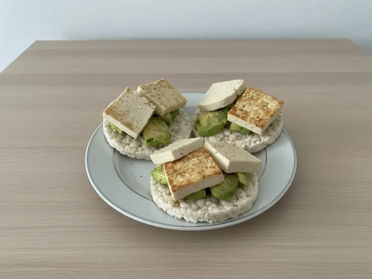 Smoked Tofu and Avocado on Rice Cakes